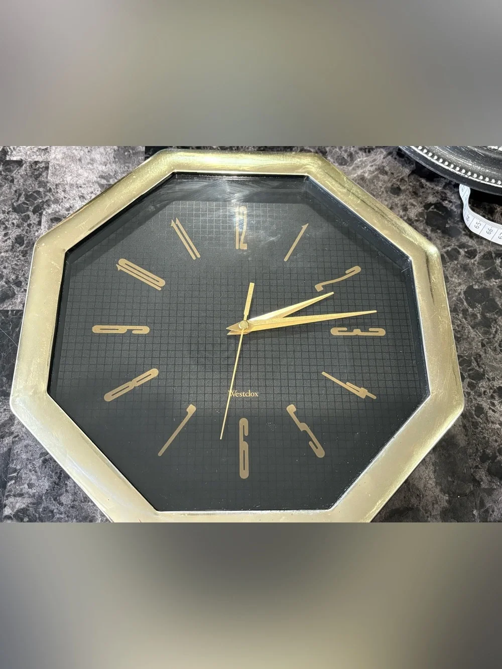 Vintage 80s Westclox Octagon Wall Clock Black Gold Retro